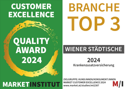 Siegel vom Market Institut für Wiener Städtische Versicherung. Top 3 in der Branche bei der Krankenzusatzversicherung 2024.