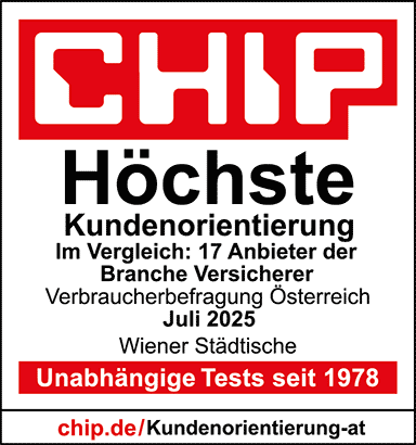 CHIP Höchste Kundenorientierung Im Vergleich: 17 Anbieter in der Branche Versicherer Verbraucherbefragung Österreich Juli 2025 Wiener Städtische Unabhängig Tests seit 1978 chip.de/Kundenorientierung-at