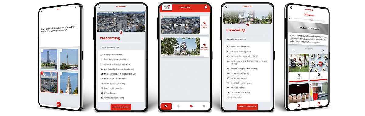 Fünf Smartphones und auf jedem ist ein anderer Ausschnitt der Onboarding App zu sehen
