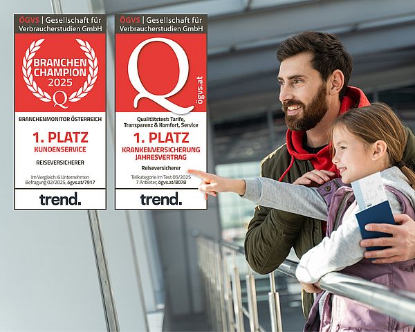 Dunkelhaariger Vater und seine dunkelblonde junge Tochter stehen am Flughafen und sehen in die Ferne.