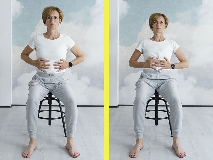 Zwei Fotos nebeneinander zeigen eine Frau in weißem T-Shirt und hellgrauer Hose, die barfuß auf einem Hocker sitzt und ihre Hände an ihren Bauch hält.