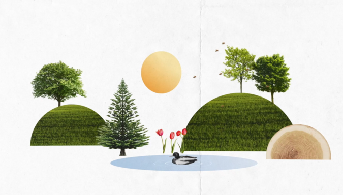 Grafische Darstellung von Naturelementen, wie Bäume, Hügel, Blumen und Seen 