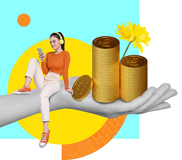 Bunte Collage, auf der eine junge Frau mit Kopfhörern und Smartphone auf einer übergroßen Hand sitzt, die goldene Münzstapel und eine gelbe Blume hält.