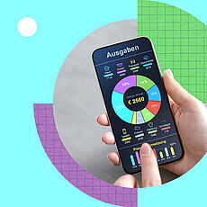 Eine Hand hält ein Smartphone, auf dem eine Finanz-App geöffnet ist.