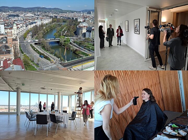 Die Collage zeigt vier Bilder, den Donaukanal, eine Videodreh-Szene mit drei Personen im Ringturm, den Festsaal im Ringturm mit einem Fotografen sowie eine Visagistin, die eine Mitarbeiterin schminkt.