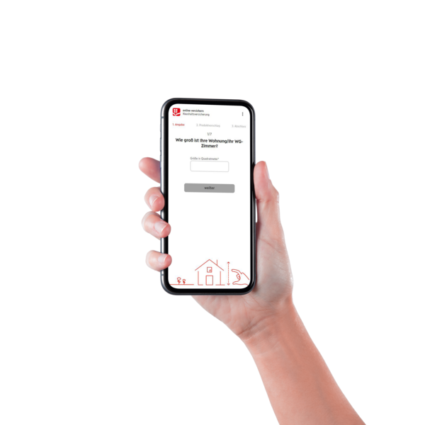 Ein Smartphone wird in der Hand gehalten, worin die online abschließbare Haushaltsversicherung living.up geöffnet ist