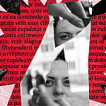 Collage mit Schnipseln, auf denen ein Frauengesicht und eine Hand zu erkennen ist, dahinter eine rote Zeitungsseite.