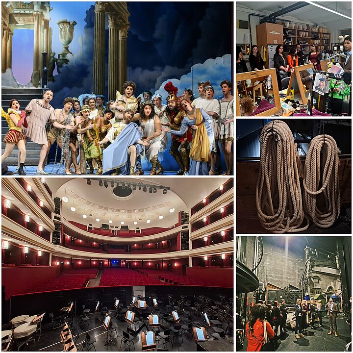 Das Bild zeigt eine Collage aus fünf Fotos, die verschiedene Aspekte der Wiener Volksoper darstellen: eine Bühnenszene von Orpheus in der Unterwelt, den Zuschauerraum, den Maskenbildner-Arbeitsplatz, Bühnenbild-Seile und eine Führung hinter den Kulissen.
