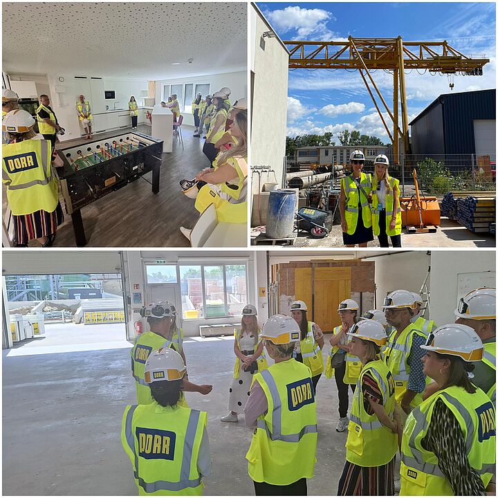 Die Collage zeigt oben links eine Küche mit Tischfußballtisch, oben rechts einen Baustellenkran mit zwei Frauen in Schutzkleidung und unten eine Lagerhalle mit mehreren Personen in Schutzkleidung.