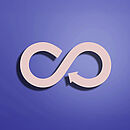 Minimalistische Darstellung eines Unendlichkeitszeichens in Pfeilform auf blau-violettem Hintergrund.