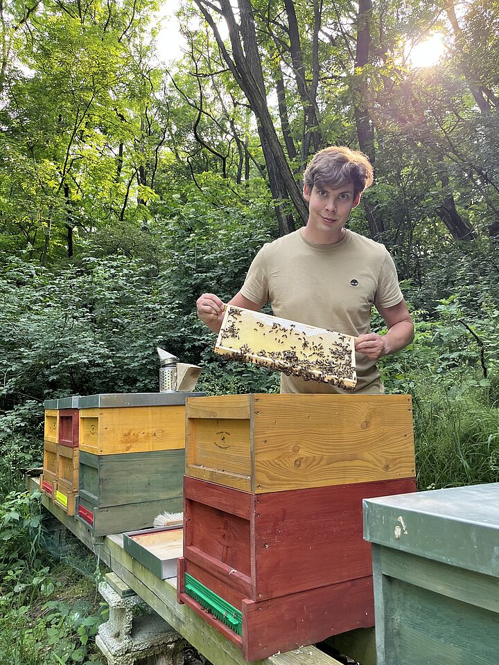 Ein Imker in der Natur bei Bienenstöcken.
