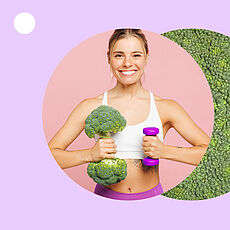 Collage mit dem Foto einer jungen Frau, die eine kurze Hantel und einen Brokkoli hält