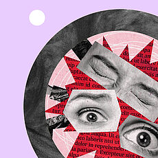 Collage mit Schnipseln, die geschlossene und offene Augen zeigen, auf farbigen Zeitungsausschnitten und kreisförmigen Elementen.