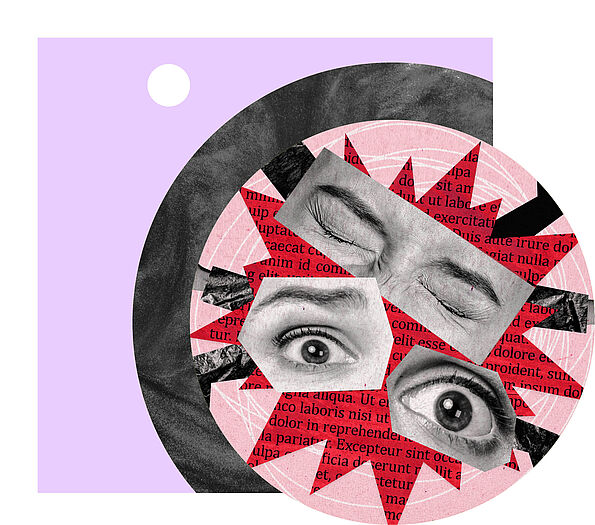 Collage mit Schnipseln, die geschlossene und offene Augen zeigen, auf farbigen Zeitungsausschnitten und kreisförmigen Elementen.