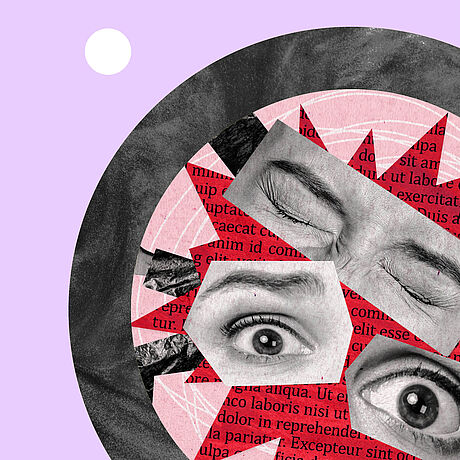 Collage mit Schnipseln, die geschlossene und offene Augen zeigen, auf farbigen Zeitungsausschnitten und kreisförmigen Elementen.
