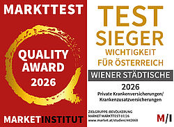 MARKTTEST Quality Award 2026: Wiener Städtische ist Testsieger bei privaten Kranken- und Krankenzusatzversicherungen.