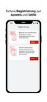 Ein Smartphone wird dargestellt, indem die losleben App Registrierungsseite geöffnet ist. Hierbei wird die Registrierung per Ausweis oder Selfie präsentiert
