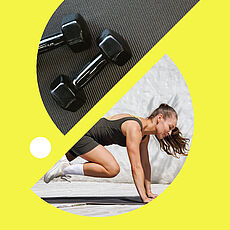 Eine grafische Collage bestehend aus zwei schwarzen Hanteln auf einer Matte und einer Frau, die eine Plank-Übung ausführt.