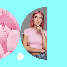 Eine Frau mit pinken Haaren und rosa Oberteil blickt nach oben und denkt nach, daneben steht ein Bild von einer rosa Sukkulente.