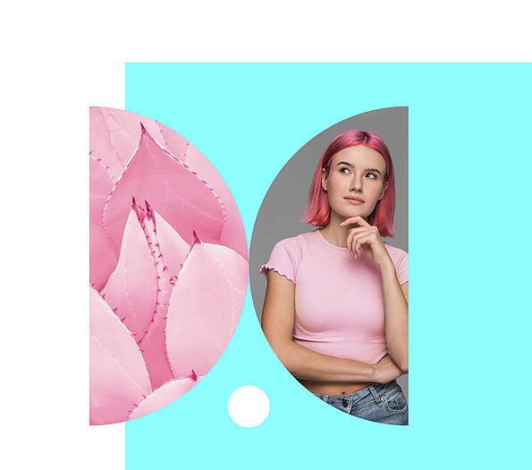 Eine Frau mit pinken Haaren und rosa Oberteil blickt nach oben und denkt nach, daneben steht ein Bild von einer rosa Sukkulente.