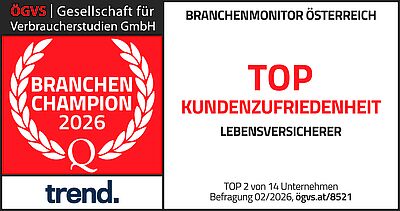 Auszeichnungsgrafik mit rotem Hintergrund und Lorbeerkranz: „Branchen Champion 2026“. Darunter steht „Branchenmonitor Österreich – Top Kundenzufriedenheit Lebensversicherer“. Hinweis: Top 2 von 14 Unternehmen, Befragung 02/2026. Oben der Absender „ÖGVS Gesellschaft für Verbraucherstudien GmbH“, unten das Logo „trend.“.