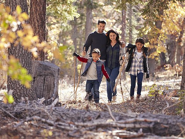 Eine glückliche Familie mit zwei Kindern spaziert durch einen Wald.