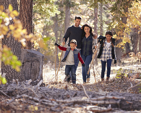 Eine glückliche Familie mit zwei Kindern spaziert durch einen Wald.