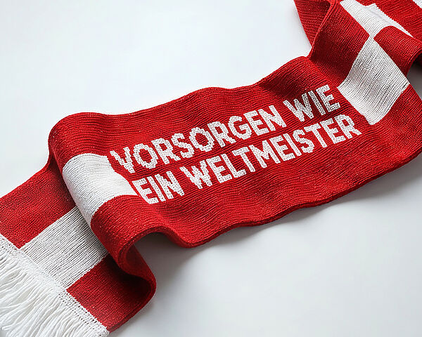 Roter Schal mit weißen Streifen liegt locker gewellt auf hellem Hintergrund. Auf dem Schal steht in großen weißen Buchstaben „Vorsorgen wie ein Weltmeister“.