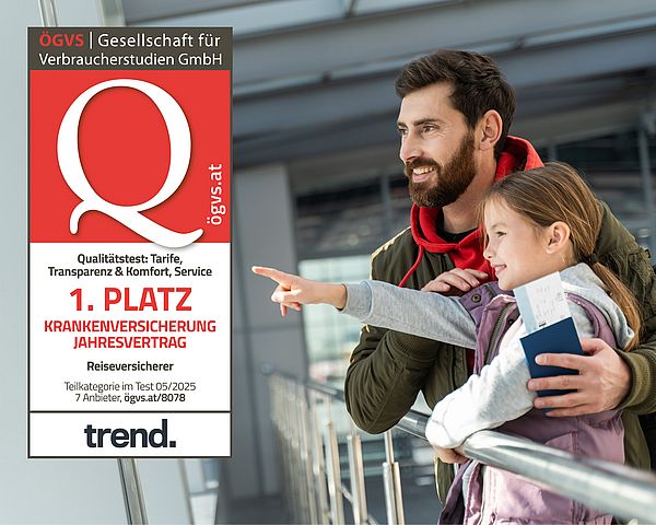 Dunkelhaariger Vater und seine dunkelblonde junge Tochter stehen am Flughafen und zeigen mit den Händen in die Ferne.