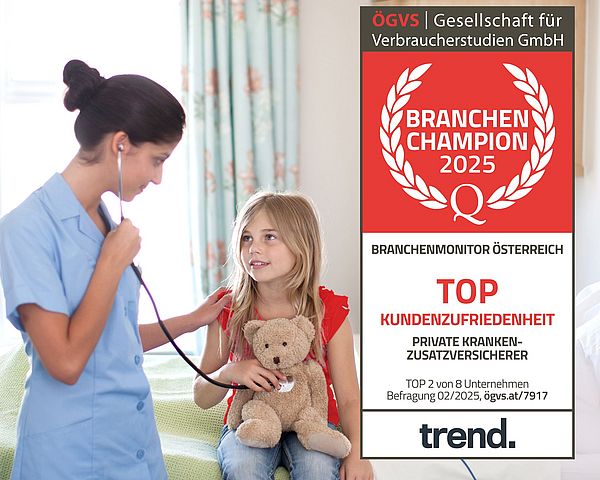 Vater liegt in Spitalsbett. Tochter sitzt mit Teddybär am Schoß auf dem Bett. Eine Ärztin hört den Teddybären ab.