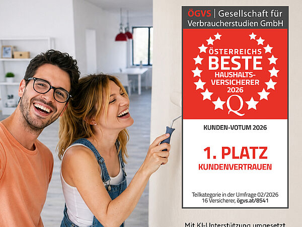 KI-generiertes Bild: Fröhliches Paar renoviert eine Wohnung; die Frau streicht eine Wand, der Mann lächelt in die Kamera. Daneben ein Siegel: ‚Österreichs beste Haushaltsversicherer 2026‘, Kunden-Votum, 1. Platz im Kundenvertrauen (ÖGVS)