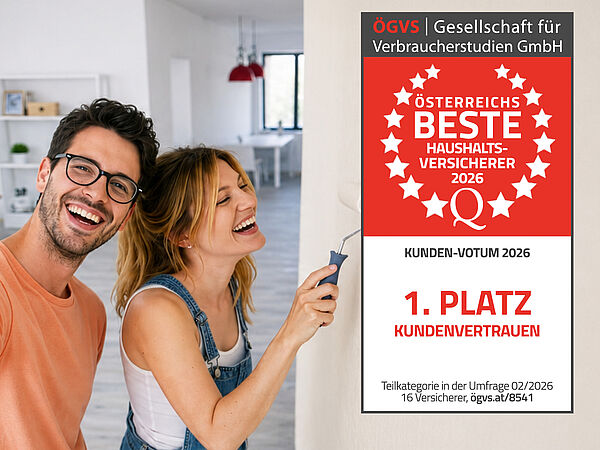 Fröhliches Paar renoviert eine Wohnung; die Frau streicht eine Wand, der Mann lächelt in die Kamera. Daneben ein Siegel: ‚Österreichs beste Haushaltsversicherer 2026‘, Kunden-Votum, 1. Platz im Kundenvertrauen (ÖGVS)