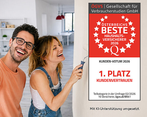 KI-generiertes Bild: Fröhliches Paar renoviert eine Wohnung; die Frau streicht eine Wand, der Mann lächelt in die Kamera. Daneben ein Siegel: ‚Österreichs beste Haushaltsversicherer 2026‘, Kunden-Votum, 1. Platz im Kundenvertrauen (ÖGVS)