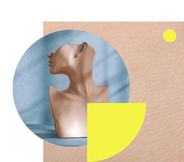 Abstrakte Darstellung eines skulpturalen menschlichen Oberkörpers ohne Arme. Die Figur steht vor einem blauen Hintergrund innerhalb eines Kreises, kombiniert mit geometrischen Formen in Gelb und einer hautfarbenen Textur.