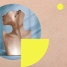 Abstrakte Darstellung eines skulpturalen menschlichen Oberkörpers ohne Arme. Die Figur steht vor einem blauen Hintergrund innerhalb eines Kreises, kombiniert mit geometrischen Formen in Gelb und einer hautfarbenen Textur.