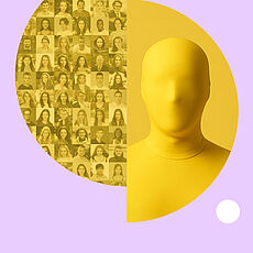 Collage mit Kopf einer Person mit verdecktem Gesicht und vielen unkenntlichen Porträtbildern - alles ist in gelb gehalten und steht auf einem lila Hintergrund.