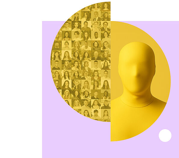 Collage mit Kopf einer Person mit verdecktem Gesicht und vielen unkenntlichen Porträtbildern - alles ist in gelb gehalten und steht auf einem lila Hintergrund.