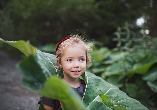 Ein junges Mädchen ist von riesigen Blättern umgeben.