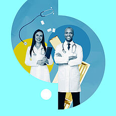 Collage mit einer Ärztin und einem Arzt, beide im weißen Mantel