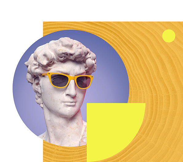 Bildcollage: Die klassische Marmorbüste von David trägt auffällige gelbe Sonnenbrillen vor einem farbigen Hintergrund aus Kreisformen und abstrakten Mustern in Gelb- und Lilatönen.