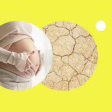 Bild vom Bauch einer schwangeren Frau, den zwei Hände berühren, daneben ein Bild mit rissigem Erdboden.