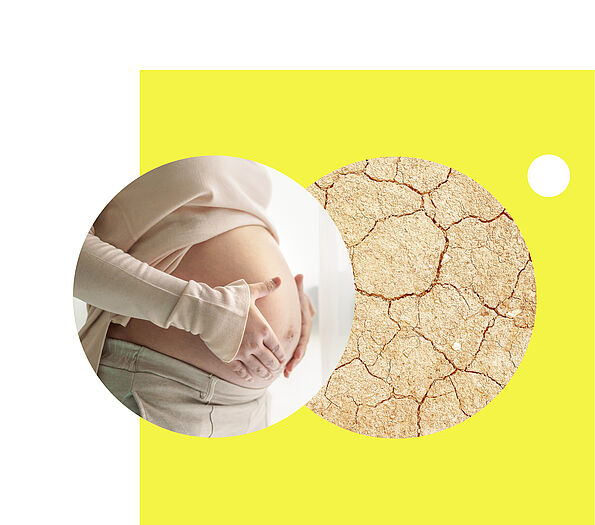 Bild vom Bauch einer schwangeren Frau, den zwei Hände berühren, daneben ein Bild mit rissigem Erdboden.