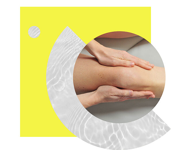 Collage mit Bild von einem Knie, das von zwei Händen massiert wird.
