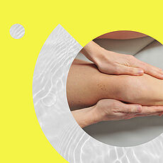 Collage mit Bild von einem Knie, das von zwei Händen massiert wird.