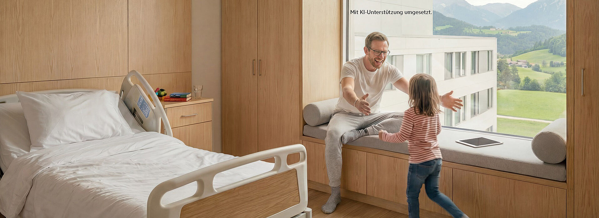 KI-generiertes Bild: Ein Mann sitzt lachend auf einer Fensterbank und breitet die Arme aus, während ein kleines Kind auf ihn zuläuft, in einem hellen, modernen Raum.