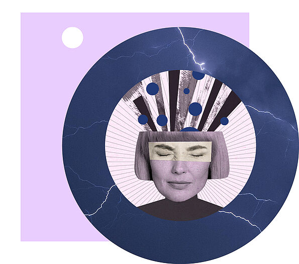 Collage eines Frauenkopfes mit geschlossenen Augen. Die Person ist von einem Kreis aus Blitzen umgeben.