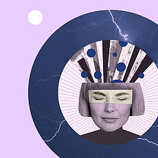 Eine Frau schließt die Augen und ist von einem Kreis aus Blitzen umgeben.