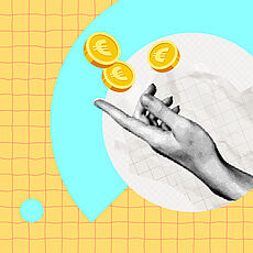 Eine Collage zeigt eine monochrome Hand, über der drei gelbe Euro-Münzen schweben, vor einem Hintergrund aus kariertem Papier sowie türkisfarbenen und gelben Flächen.