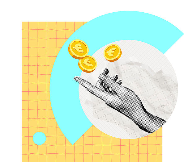 Eine Collage zeigt eine monochrome Hand, über der drei gelbe Euro-Münzen schweben, vor einem Hintergrund aus kariertem Papier sowie türkisfarbenen und gelben Flächen.