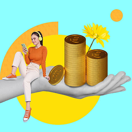 Bunte Collage, auf der eine junge Frau mit Kopfhörern und Smartphone auf einer übergroßen Hand sitzt, die goldene Münzstapel und eine gelbe Blume hält.